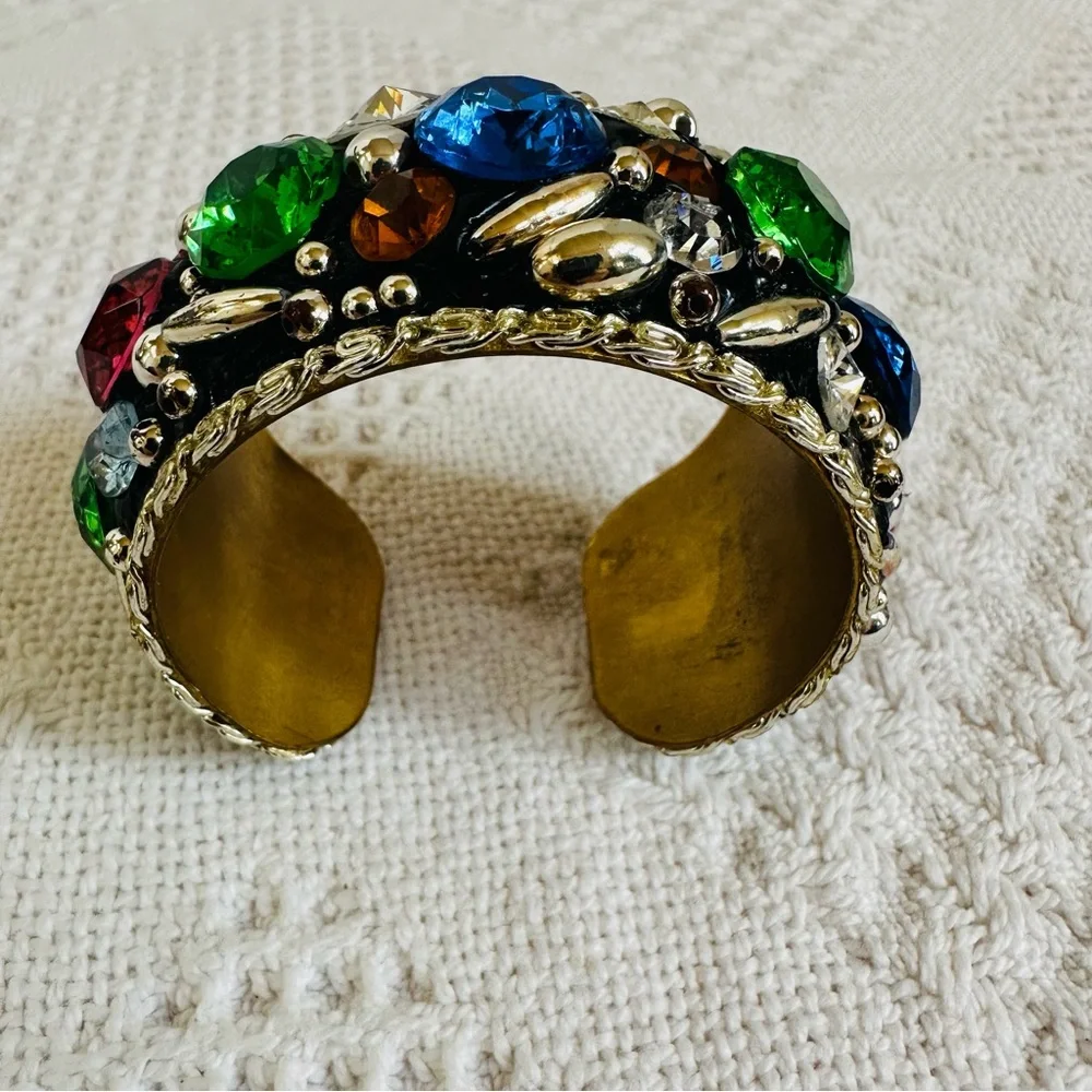 VTG Bold Jewel Tone Mosaic Cuff Bangle Bracelet Gold Tone Chunky Ren Faire Retro